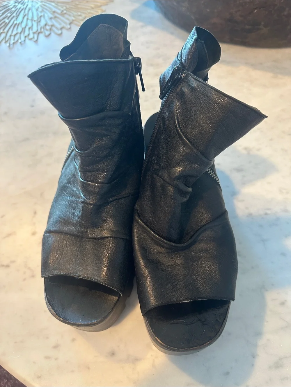 Women's Black Leather Open-Toe Platform Wedge Sandals with Side Zip